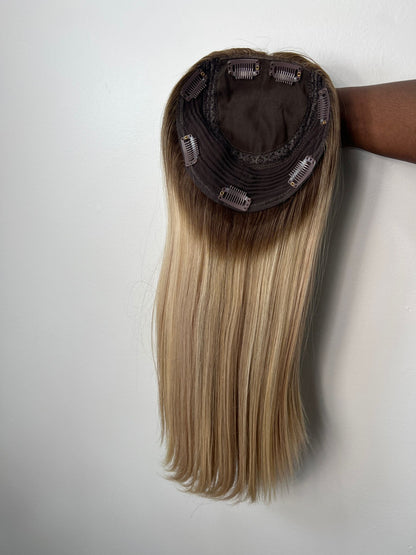 Silk Base Medium 16 Inches Topper - Ash Blonde with Dark Brown Roots