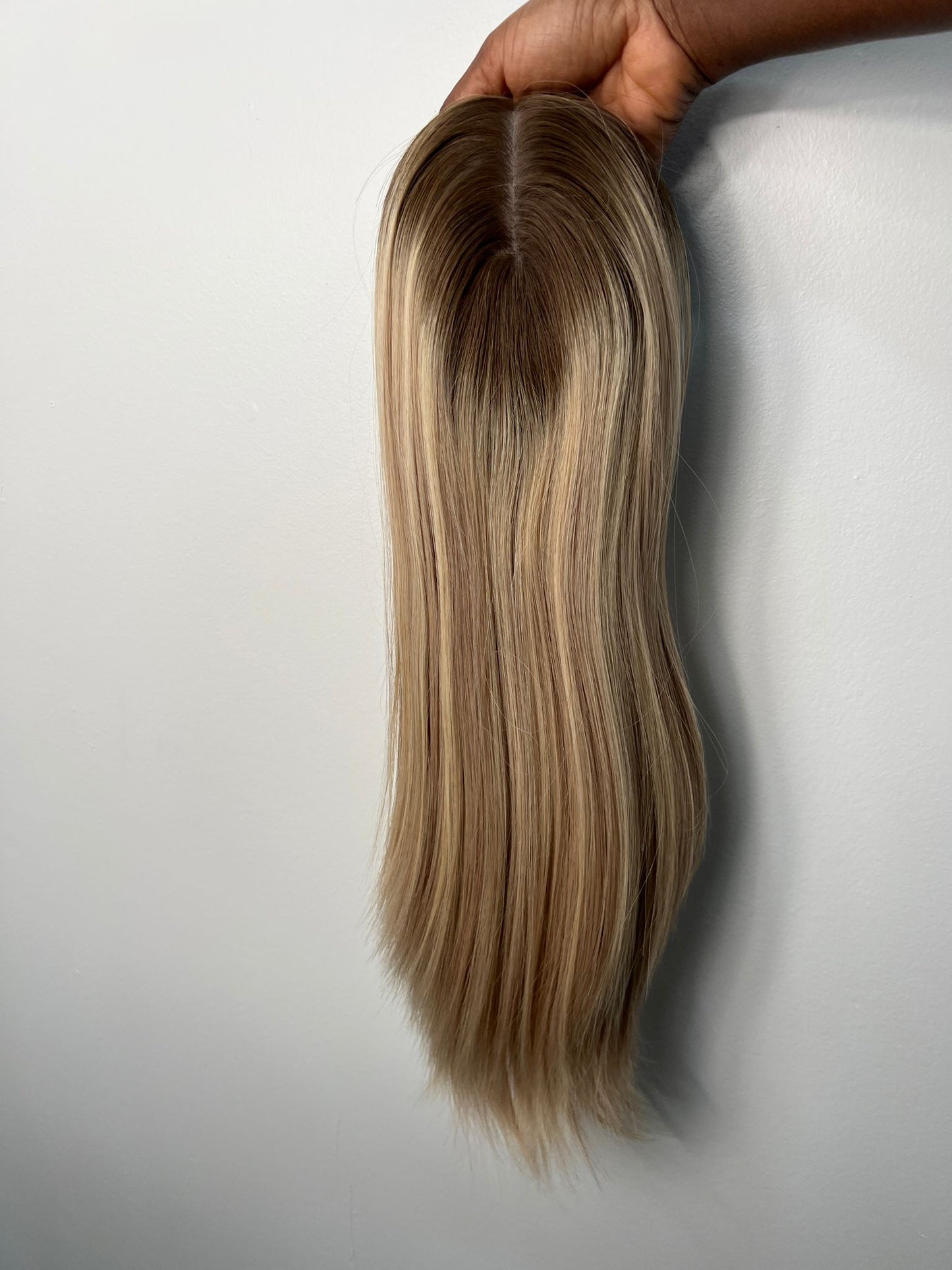 Silk Base Medium 16 Inches Topper - Ash Blonde with Dark Brown Roots