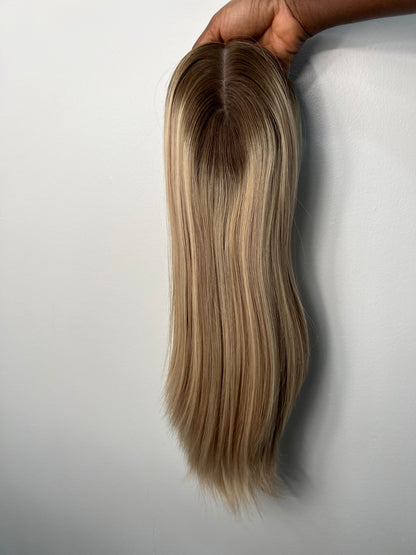 Silk Base Medium 16 Inches Topper - Ash Blonde with Dark Brown Roots